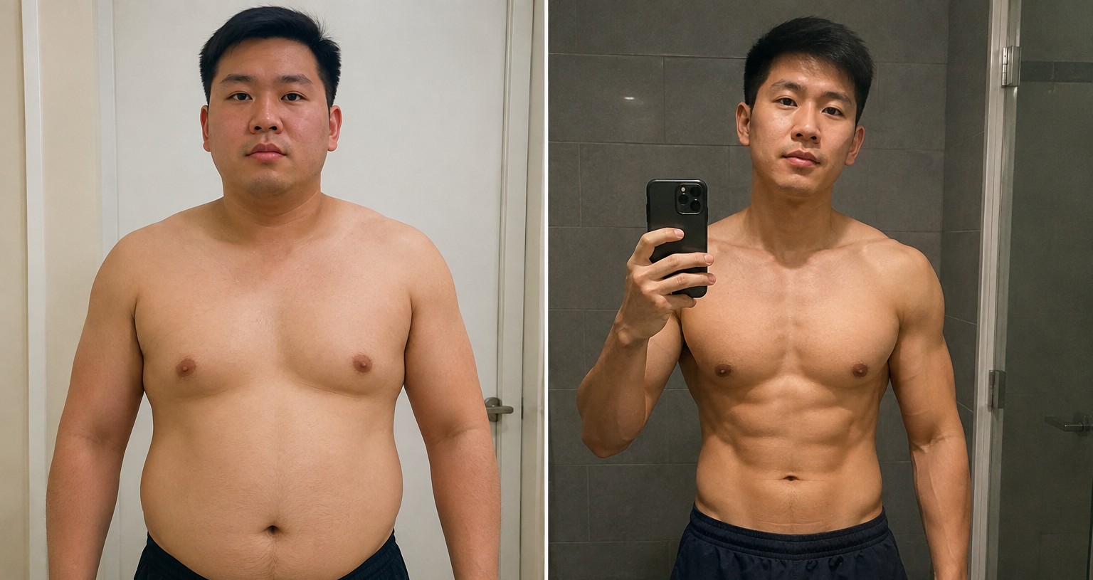 Before and after photos illustrating a weight-loss transformation