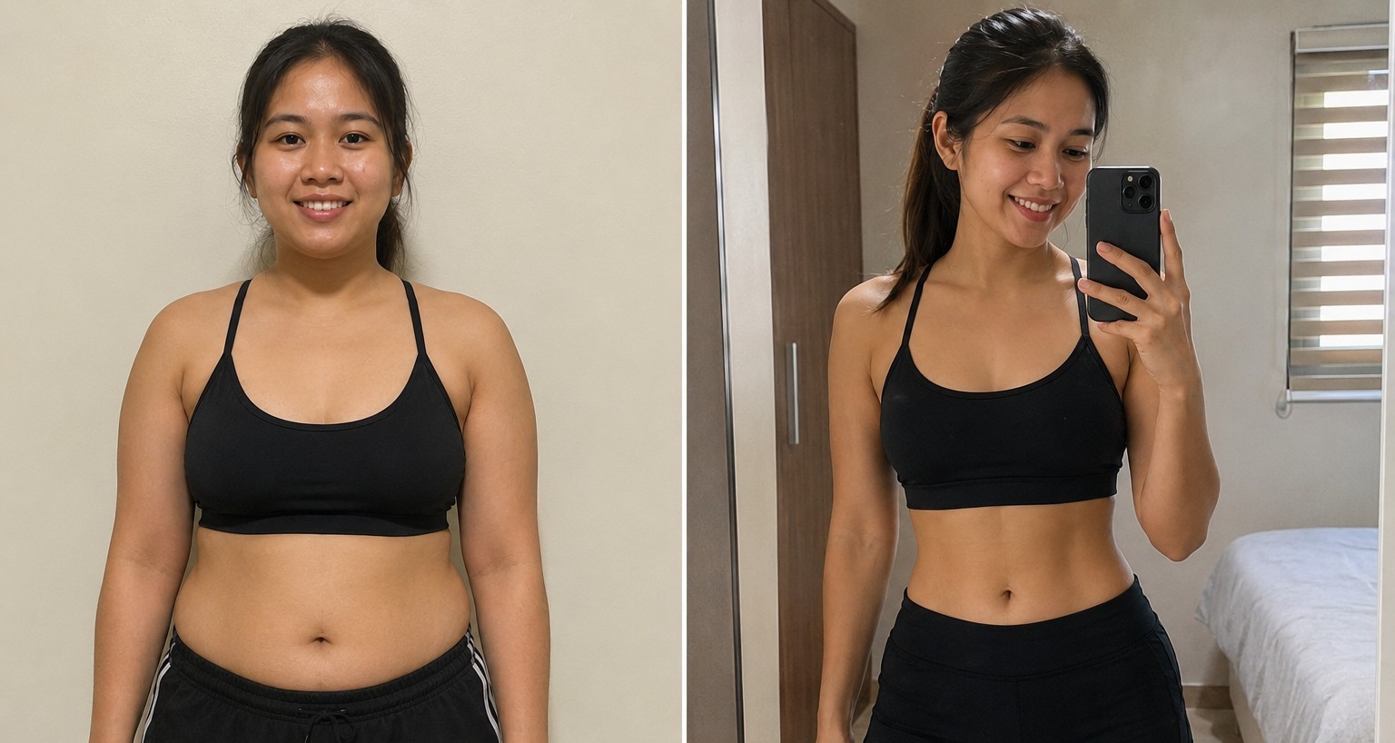 Before and after photos illustrating a weight-loss transformation